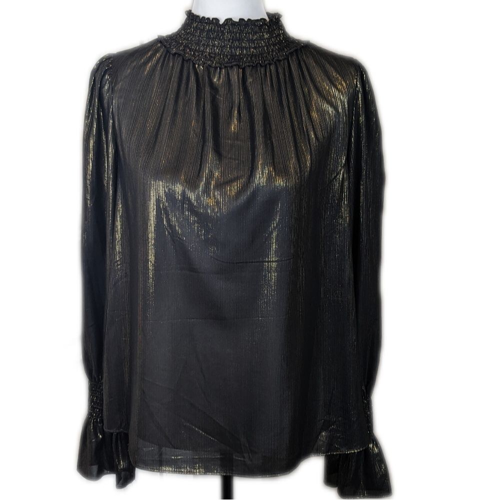 Worthington black/gold metallic shiny puffed long-sleeved turtleneck blouse M